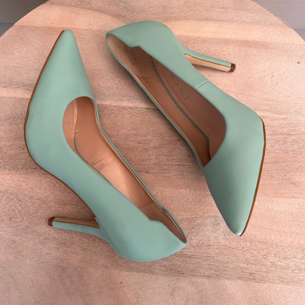 Aldo Mint Green Leather Pointed Toe Stiletto Pumps Scalloped Heel Womens 8 38.5 - Picture 11 of 13
